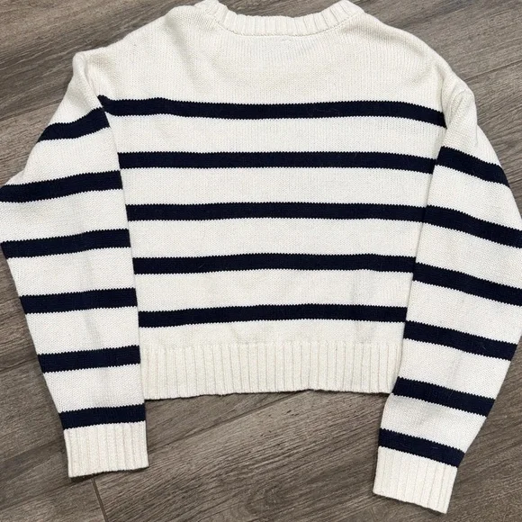 Freshman Slightly Cropped Cream/ Navy Striped Sweater, Medium - Picture 3 of 4